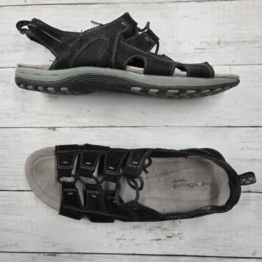 Earth Origins Sassy Sport Sandals Women 9.5W Black Leather Bungee Slingback Flat